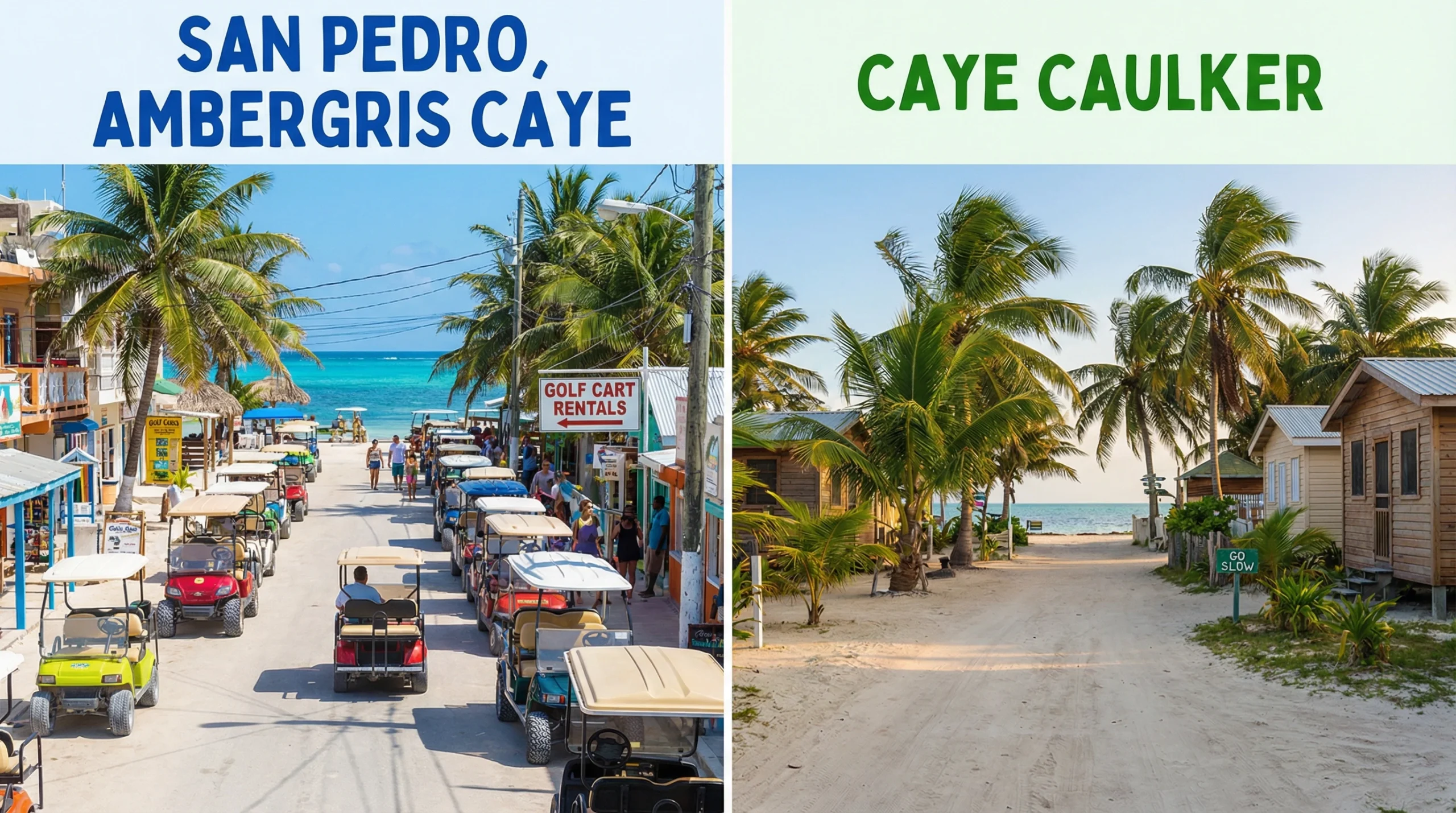 San Pedro, Ambergris Caye with colorful golf carts lining the street and beach access on the left, contrasted with a tranquil path and palm trees in Caye Caulker on the right, highlighting the differences between the two Belizean islands.