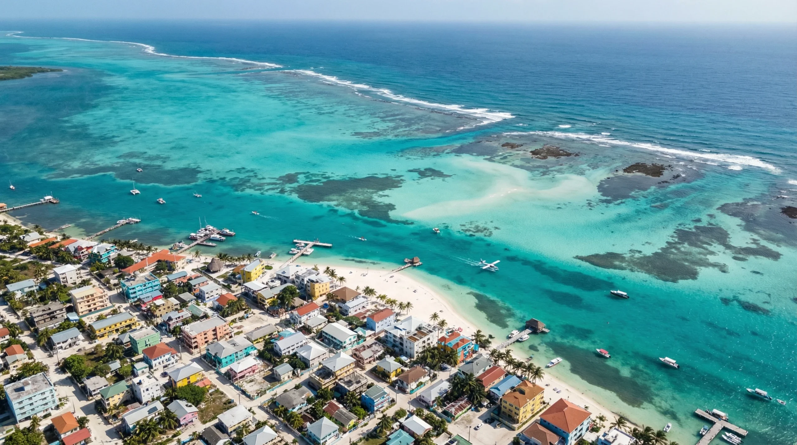 Aerial view of Ambergris Caye, Belize, showcasing colorful coastal buildings, sandy beaches, and turquoise waters ideal for family vacations.
