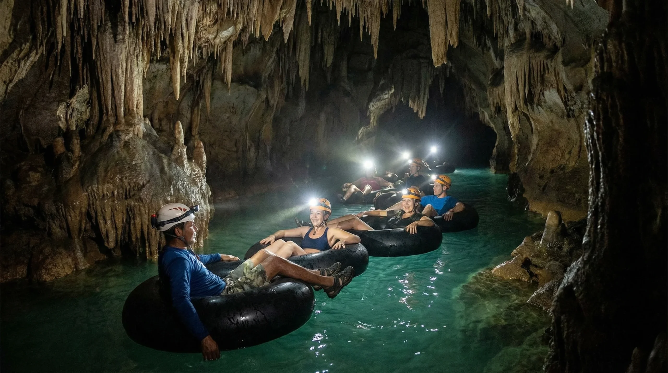 Cave tubing adventure in Belize with tourists floating on inner tubes in turquoise water, illuminated by headlamps, surrounded by stunning stalactites and rock formations.
