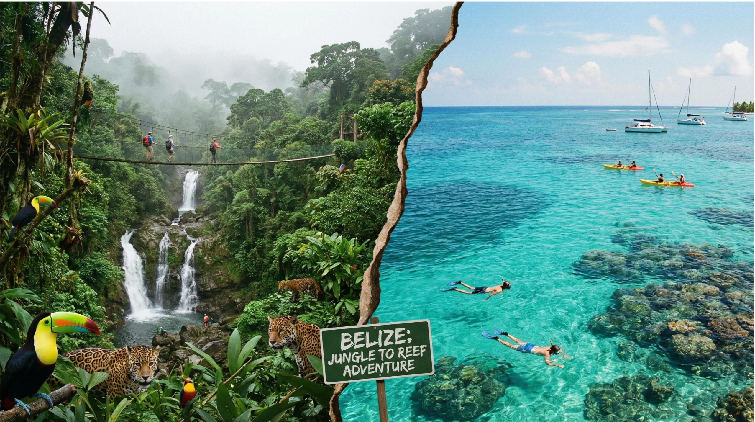 Belize jungle and reef adventure scene featuring lush rainforest with a waterfall, toucans, and jaguars on the left, transitioning to a vibrant turquoise sea with snorkelers and kayakers on the right, showcasing diverse activities in Belize.