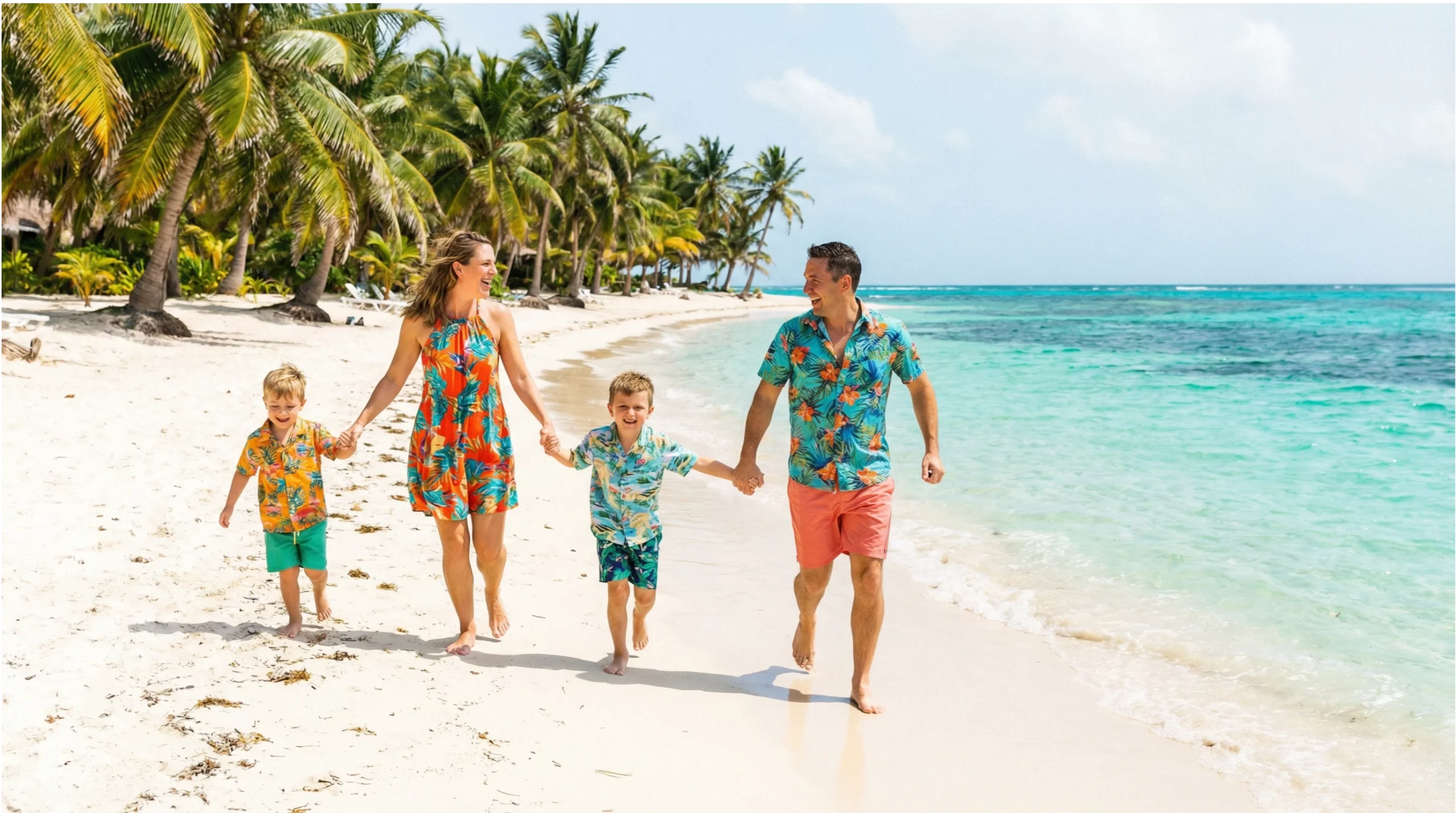 Family walking on a tropical beach in Belize, wearing colorful floral outfits, with palm trees and turquoise water in the background.