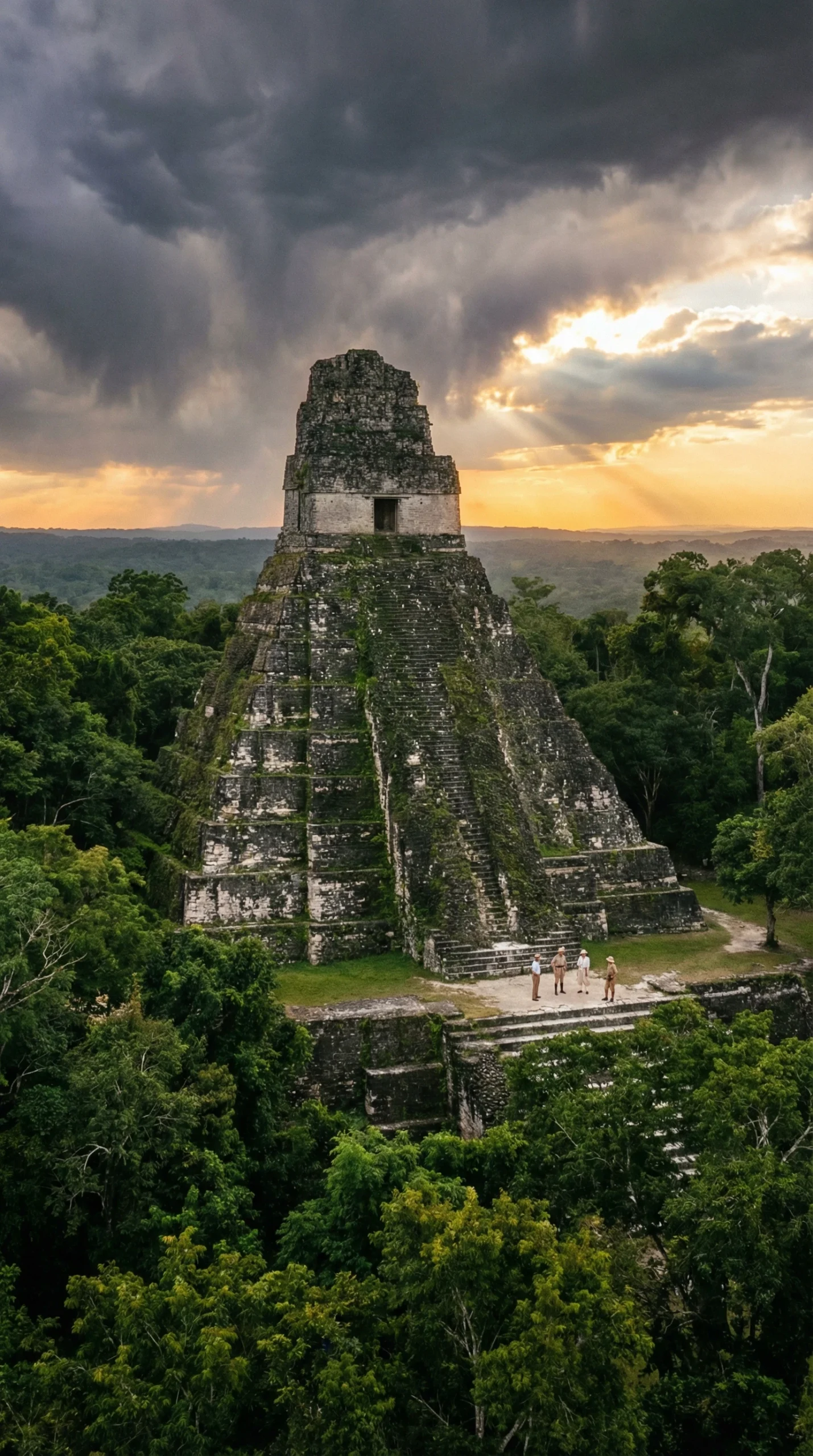 Mayan temple ruins in Belize surrounded by lush jungle, with visitors exploring the ancient site under a dramatic sky.