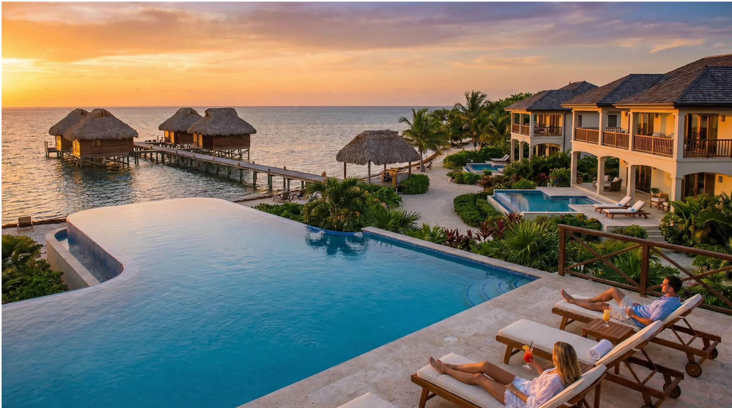 Luxury beachfront resort in Belize featuring an infinity pool, overwater bungalows, and tropical landscaping at sunset.