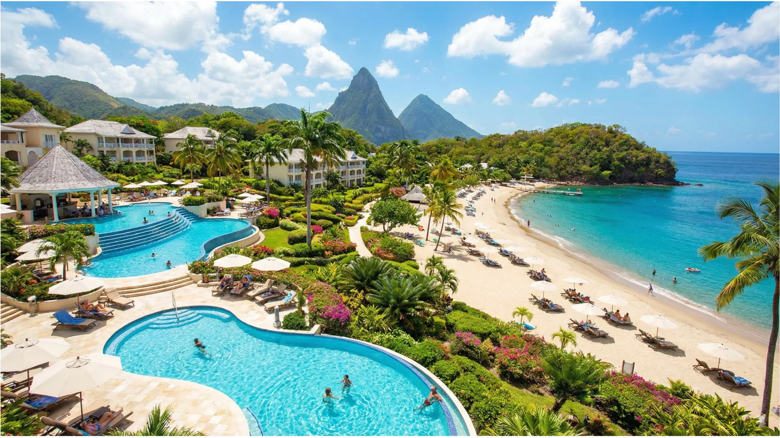 Luxurious all-inclusive resort in St. Lucia featuring a pool, beach access, tropical gardens, and the Pitons mountains in the background.
