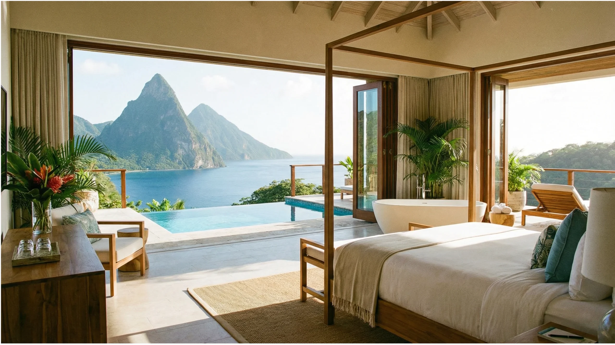 Luxury hotel room with best view of the Pitons in St. Lucia, featuring a king-sized bed, tropical decor, and an infinity pool overlooking the ocean.