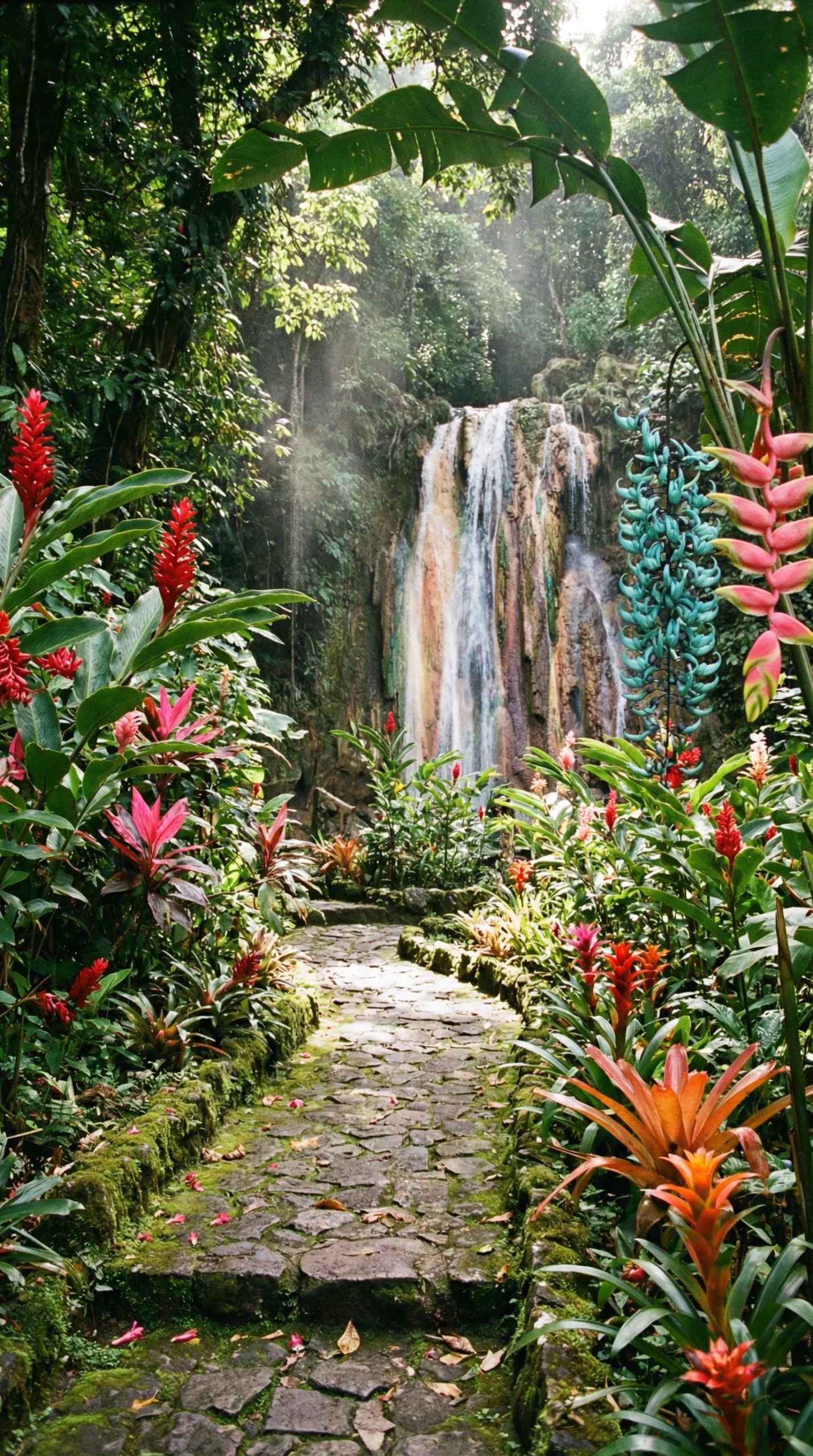Lush tropical pathway lined with vibrant flowers leading to a cascading waterfall in St. Lucia's botanical garden, showcasing the island's dramatic natural beauty.