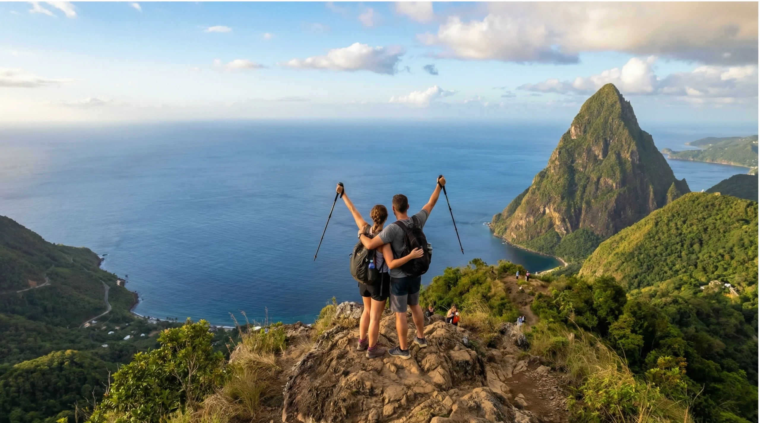 Hiking Piton St Lucia Couple celebrating at the summit of Gros Piton in St. Lucia, with stunning ocean views and lush greenery in the background.