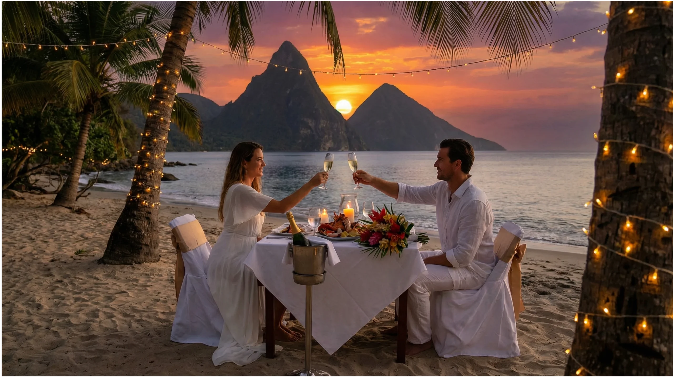 Honeymoon itinerary St Lucia Couple toasting with champagne at a romantic beach dinner, featuring the Pitons in the background during sunset, surrounded by tropical decor and glowing lights.