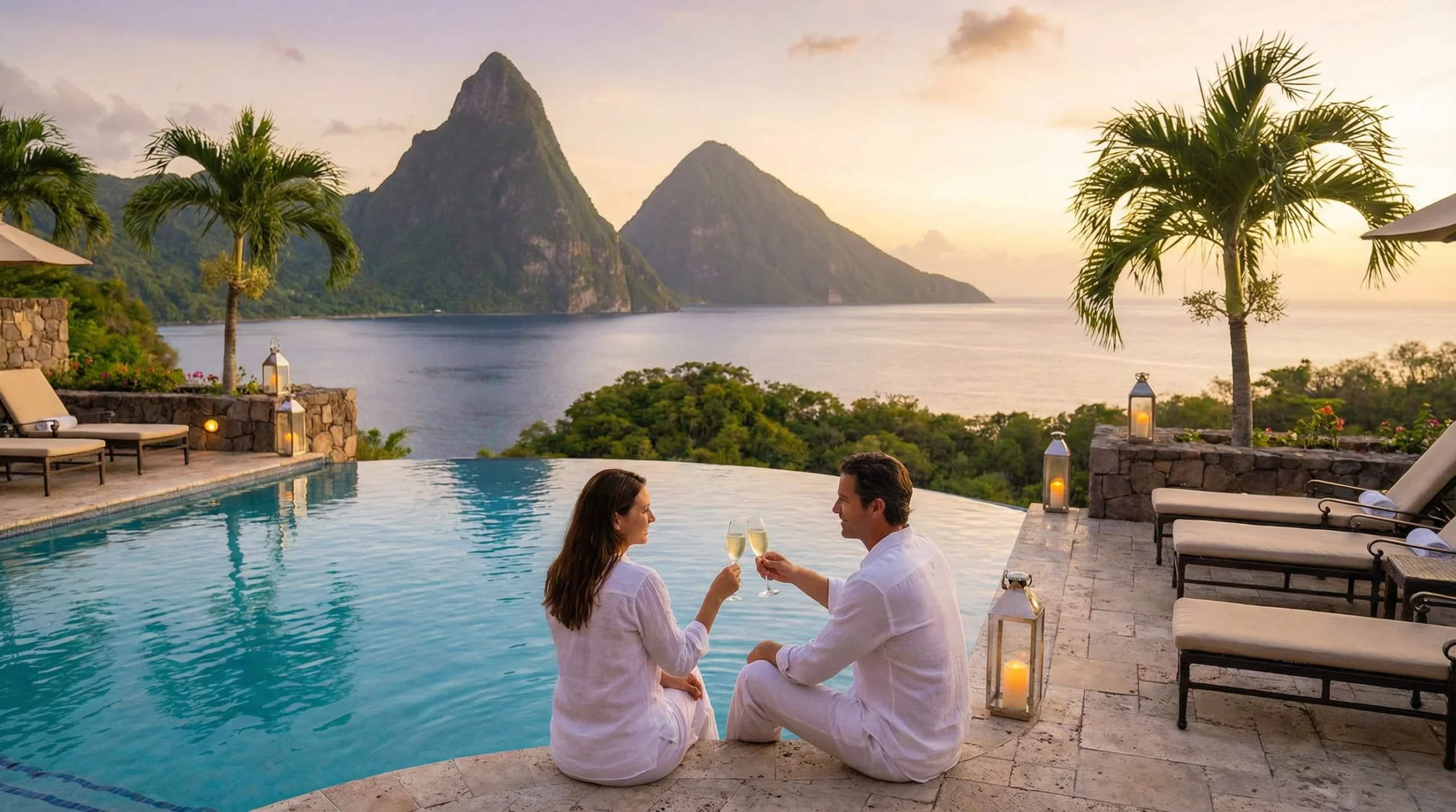 2 pages
st-lucia-honeymoon-resorts Couple toasting with champagne by infinity pool overlooking the Pitons in St. Lucia at sunset, ideal for honeymooners and romantic getaways.