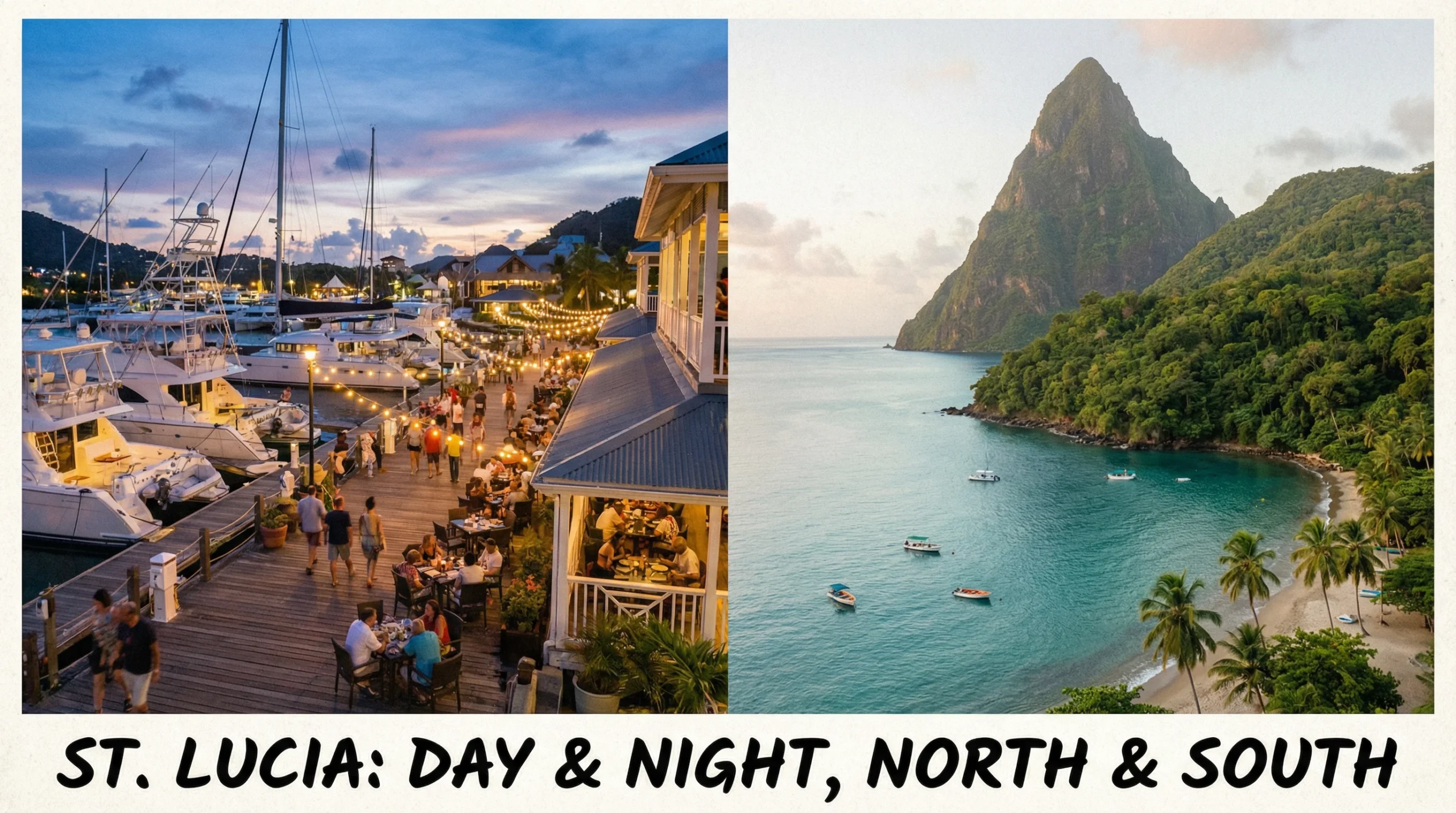 St. Lucia's vibrant nightlife in Rodney Bay with bustling restaurants and yachts, contrasted with the serene natural beauty of Soufrière's coastline and the iconic Pitons.
st-lucia-north-vs-south