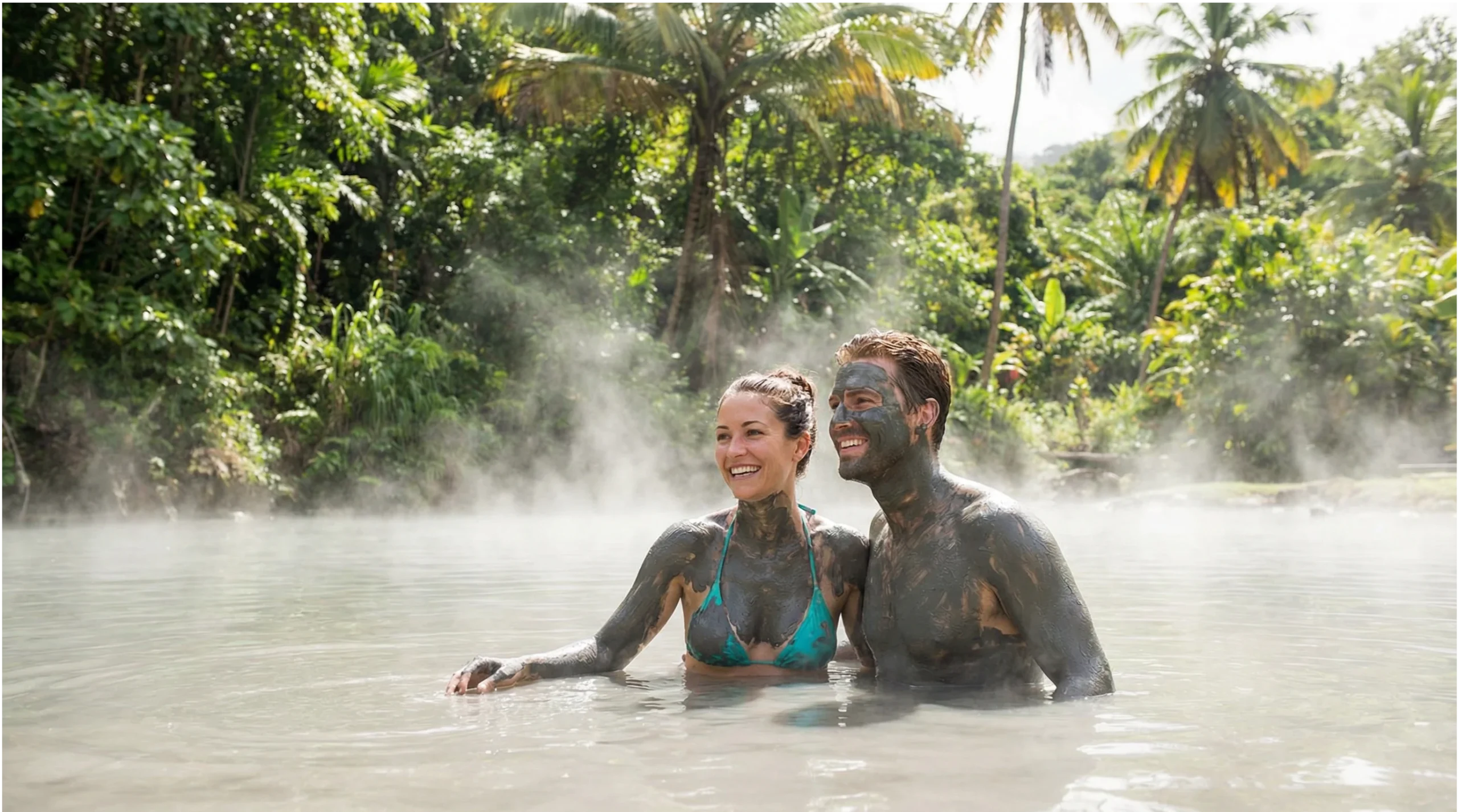 Couple enjoying mud baths in Sulphur Springs, St. Lucia, surrounded by lush greenery and steam.