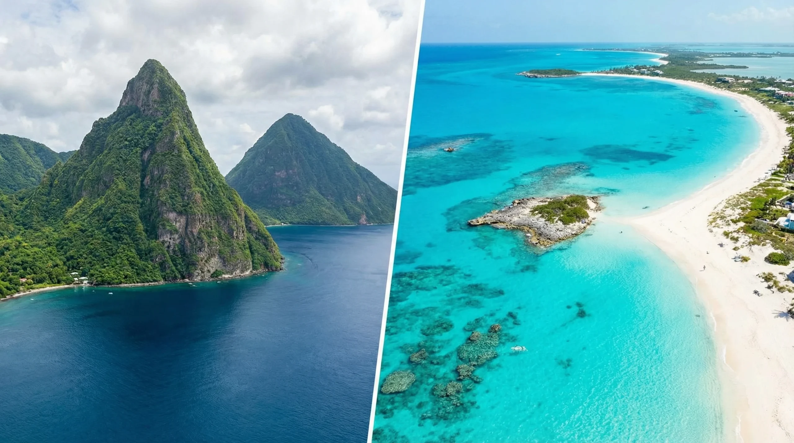 St. Lucia's lush mountainous landscape and the pristine beaches of Turks and Caicos, showcasing contrasting Caribbean island experiences.