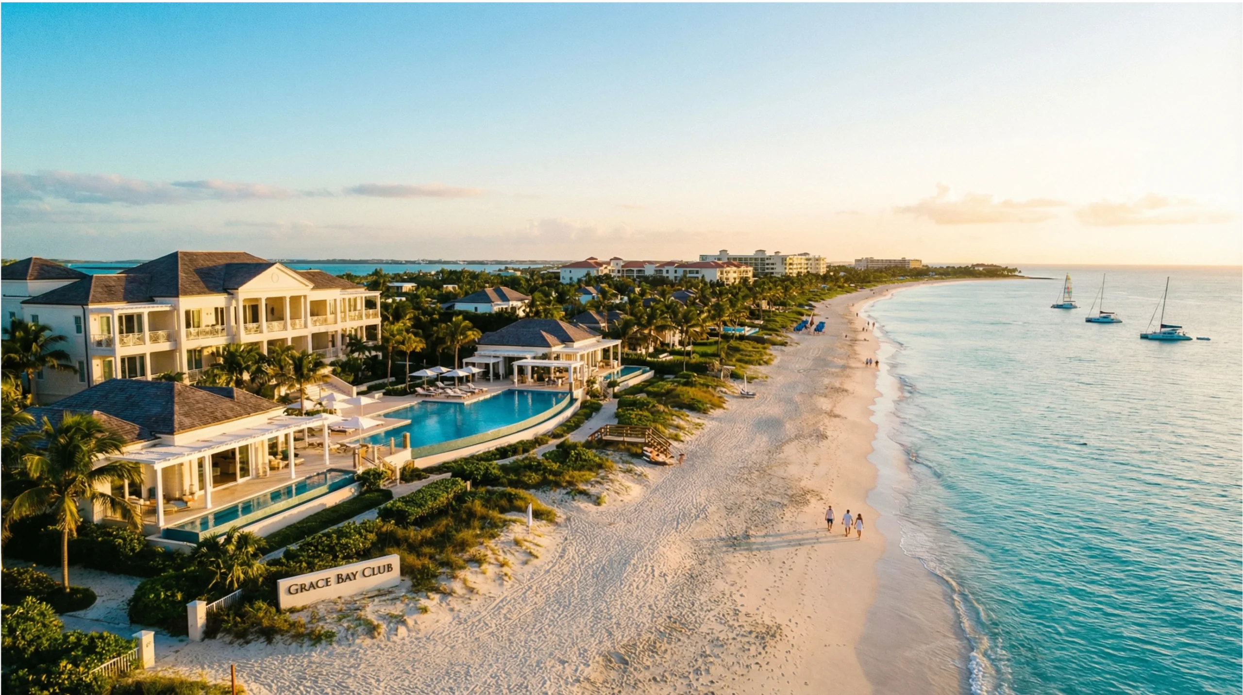 Grace Bay Club resort with luxury accommodations and pool, overlooking Grace Bay Beach in Turks and Caicos at sunset, featuring calm waters and sandy shoreline.