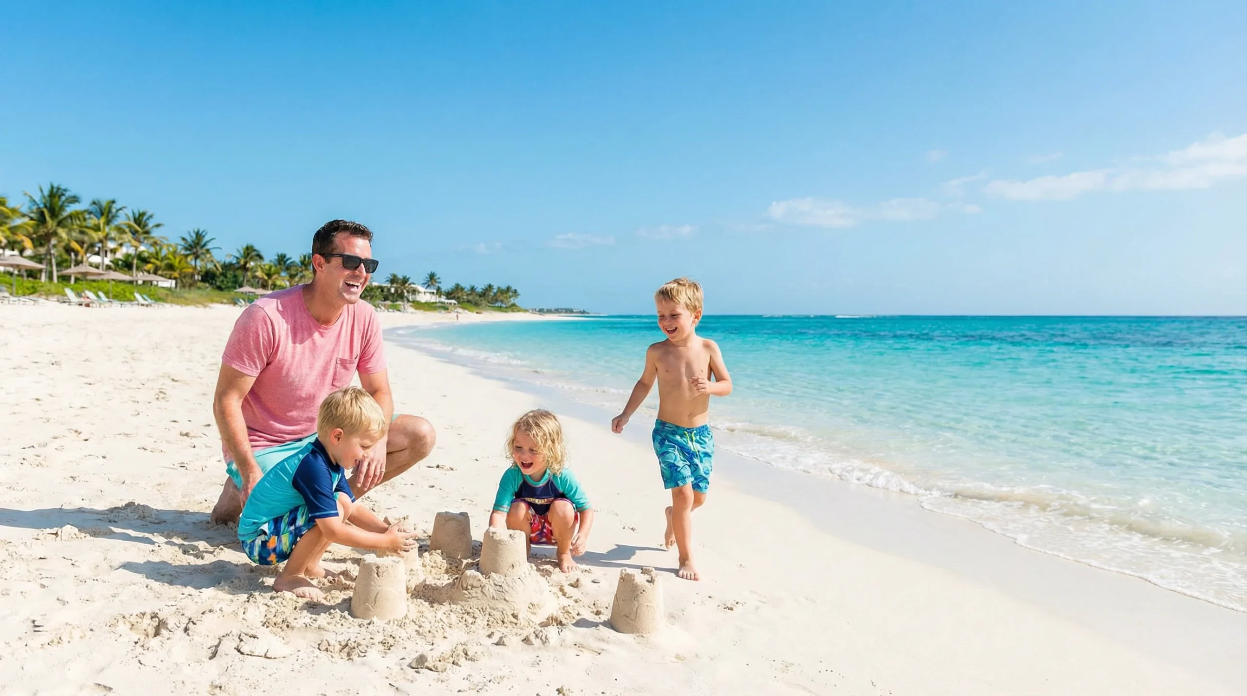 turks-family-itinerary Family building sandcastles on a beach in Turks and Caicos, enjoying sunny weather and turquoise waters.