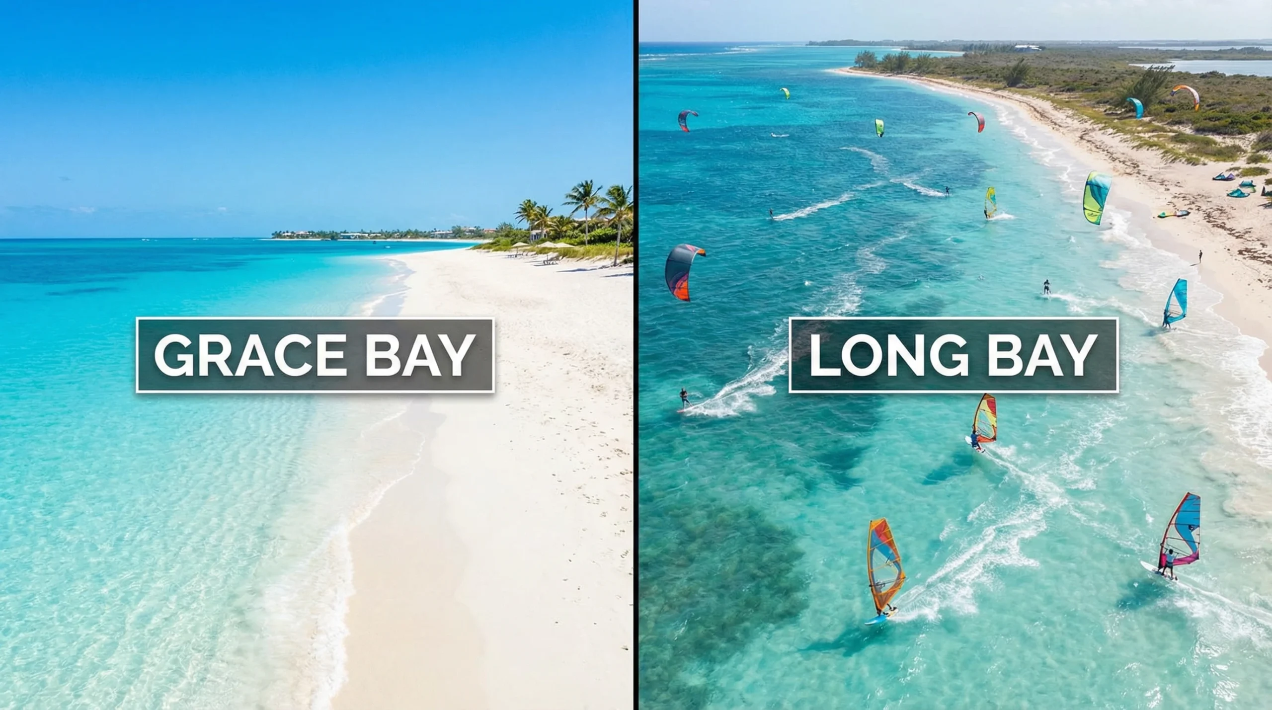 Grace Bay and Long Bay beaches in Turks and Caicos, showcasing clear turquoise waters, white sandy shores, and water sports activities like windsurfing, highlighting the comparison between these popular destinations.