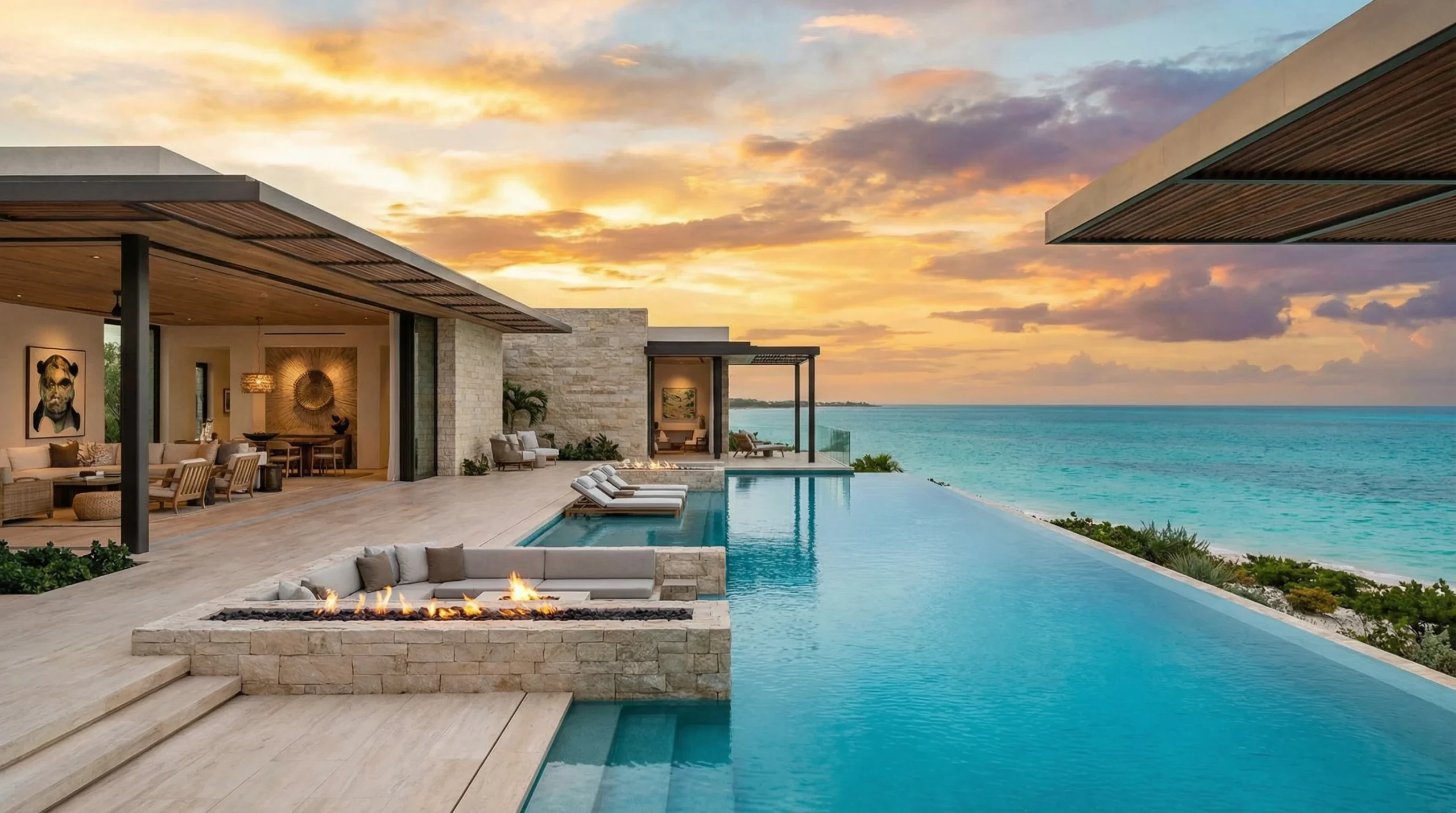 Luxury villa in Turks and Caicos with infinity pool, outdoor seating, and stunning sunset over the ocean, embodying quiet luxury and upscale relaxation.