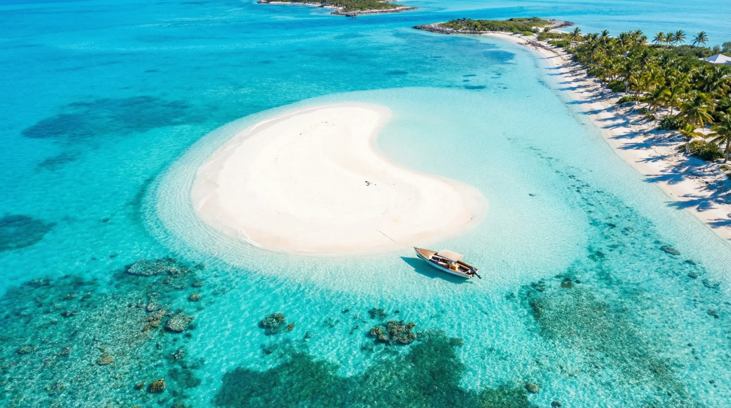 Aerial view of a small sandy island surrounded by turquoise waters and a boat anchored nearby, representing a scenic sandbar tour in Turks and Caicos.