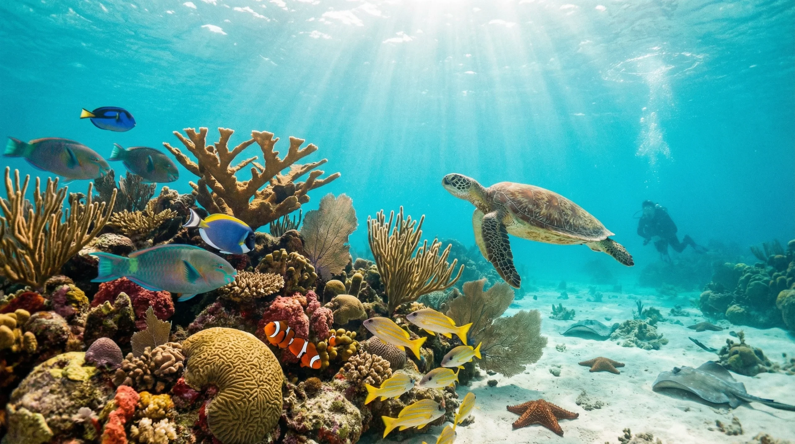 Turks snorkeling guide for Colorful coral reef teeming with marine life, featuring a sea turtle, various tropical fish, and a diver, highlighting the snorkeling paradise of Turks and Caicos.