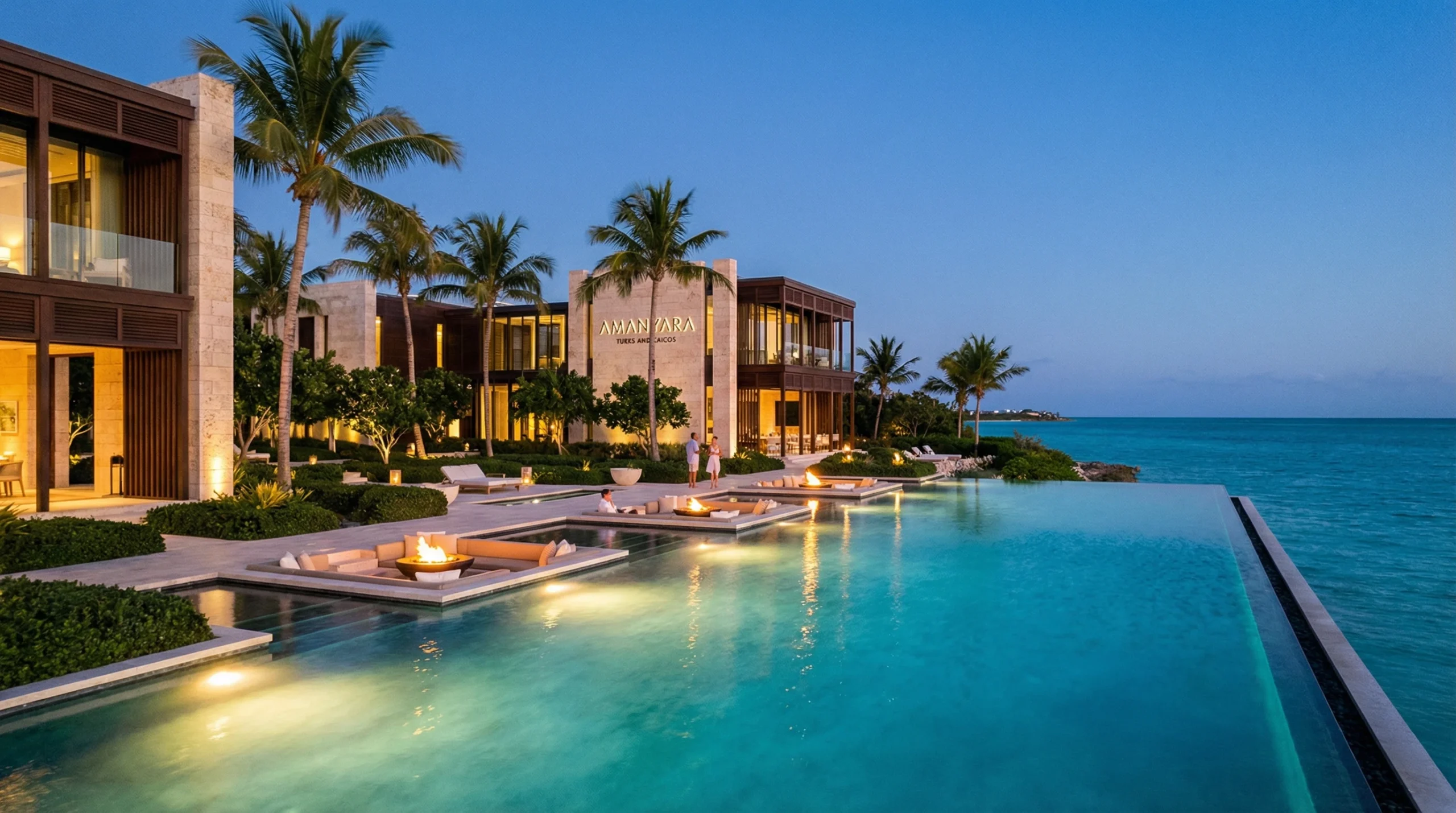 Luxury top 5 star resort Aman Zara in Turks and Caicos, featuring an infinity pool, tropical landscaping, and modern architecture against a serene ocean backdrop.