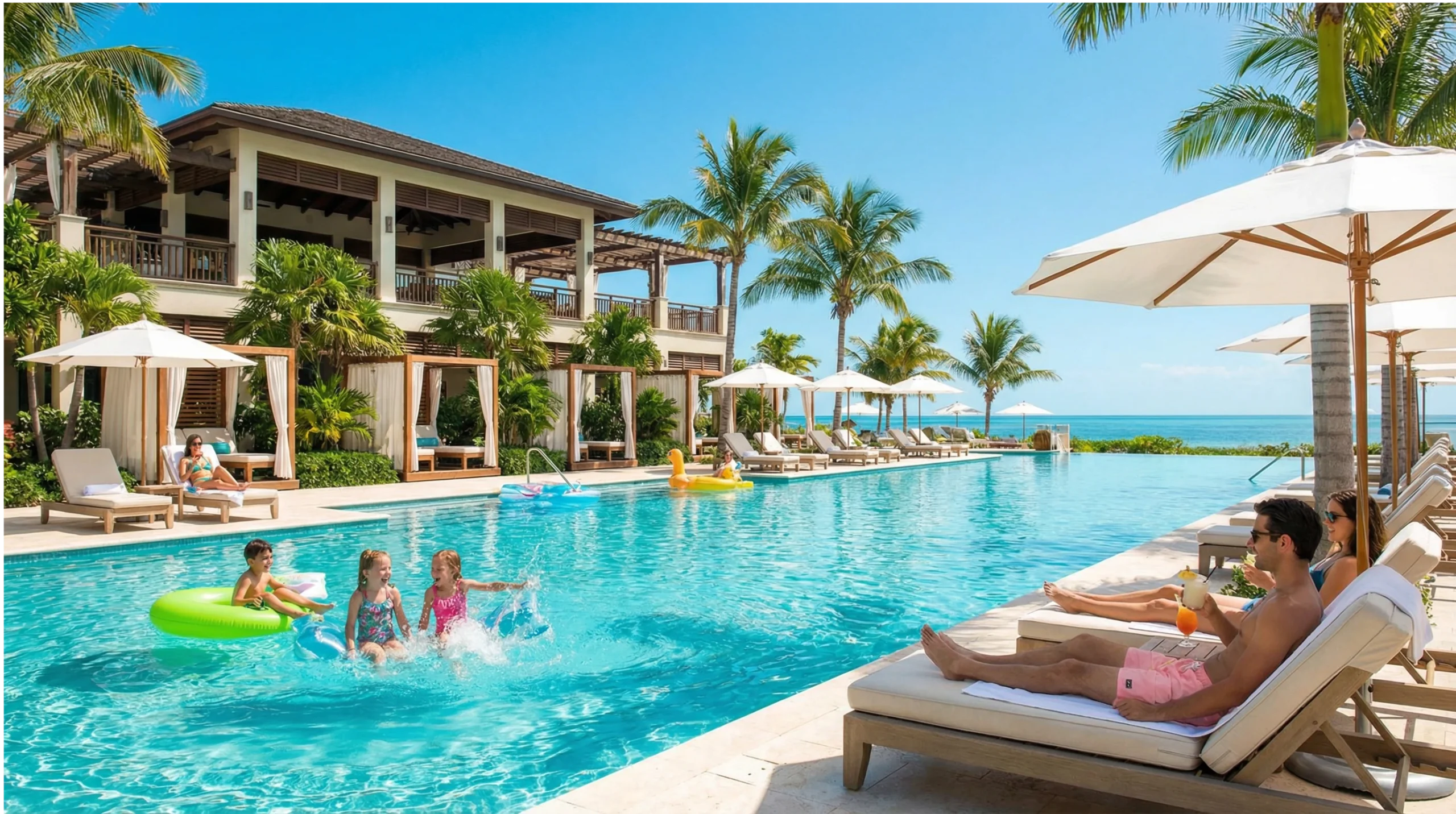 Family-friendly resort pool in Turks & Caicos with children playing, adults relaxing, and tropical palm trees in the background.