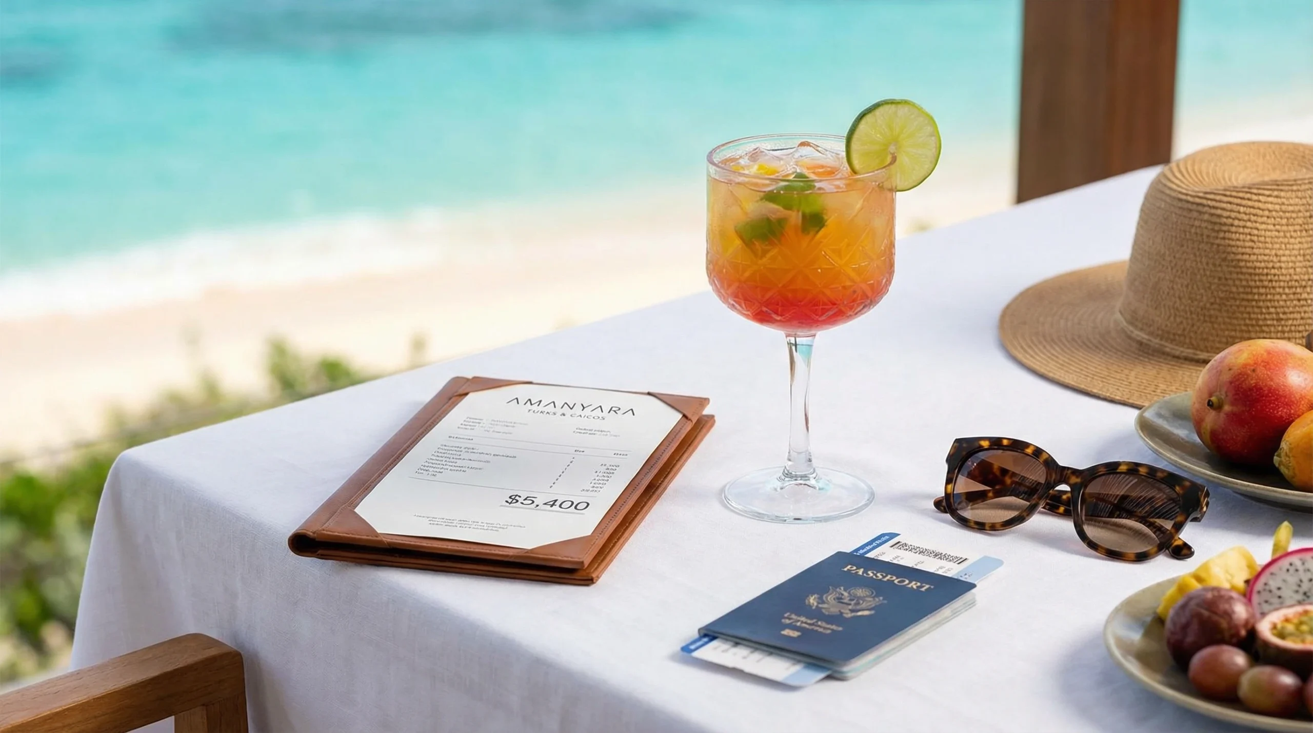 turks-trip-cost comparisons. Cocktail with lime garnish, menu from Amanyara Resort, passport, sunglasses, and fresh fruit on a table overlooking the turquoise waters of Turks and Caicos.