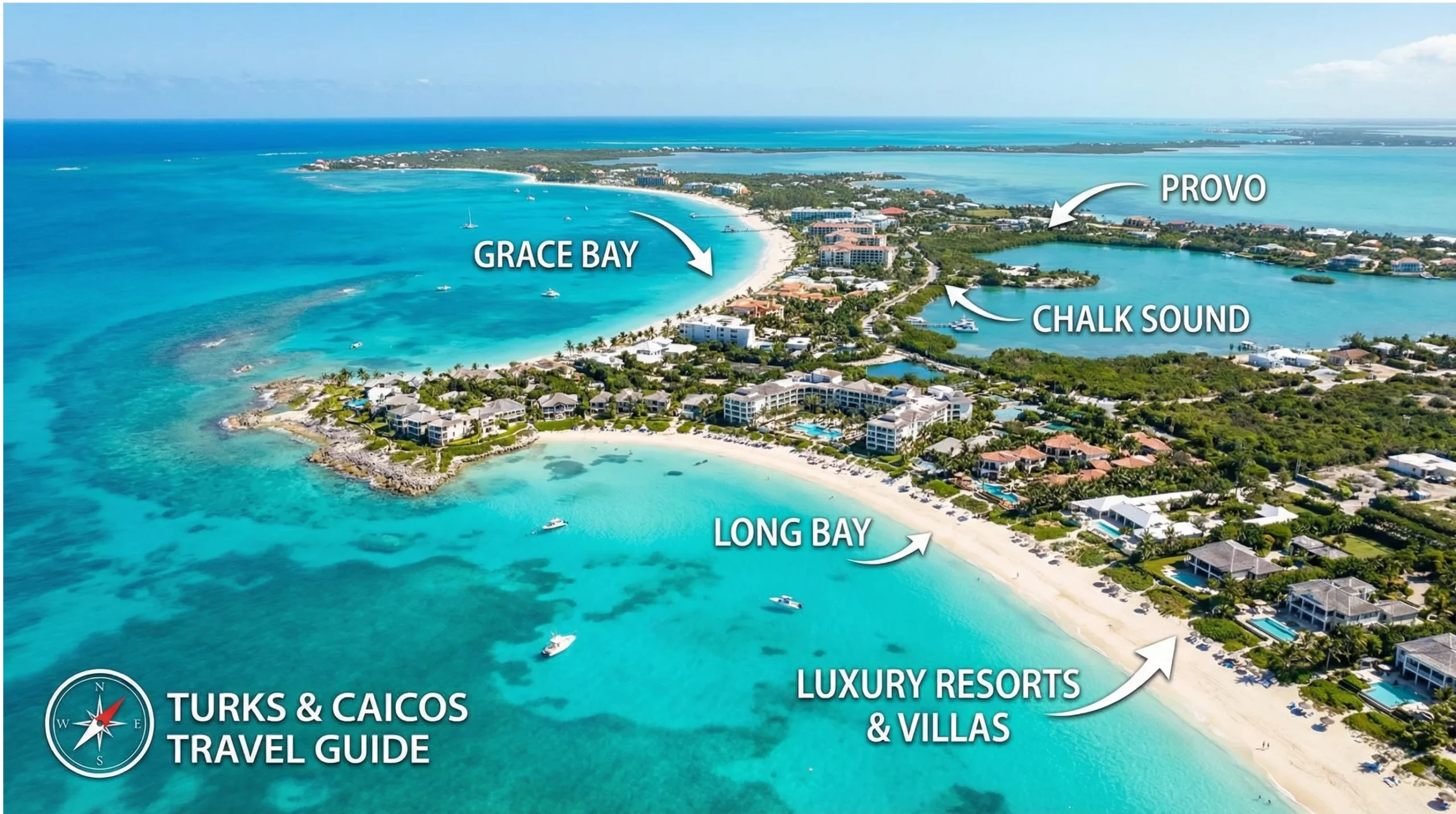 turks-where-to-stay-guid Aerial view of Turks and Caicos highlighting Grace Bay, Long Bay, Provo, and Chalk Sound, with luxury resorts and villas along the coastline.